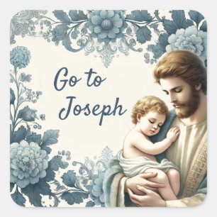 Sticker Carré Saint Joseph Jésus Bleu Floral Religieux
