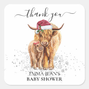 Sticker Carré Saint-Vache Highland Calf Baby shower Noël