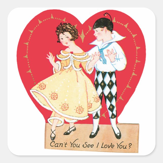 Sticker Carré Saint Valentin, Arlequin Vintage et Coeur (Devant)