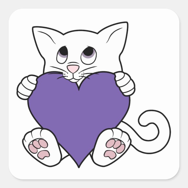 Sticker Carré Saint Valentin Chat blanc avec coeur pourpre (Devant)