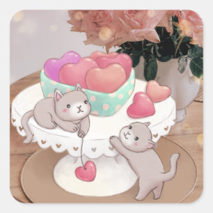 Sticker Carré Saint-Valentin : Chats, Coeurs Coeurs Cookies & Fl