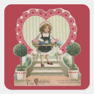 Sticker Carré Saint-Valentin mignon vintage, Fille aux fleurs