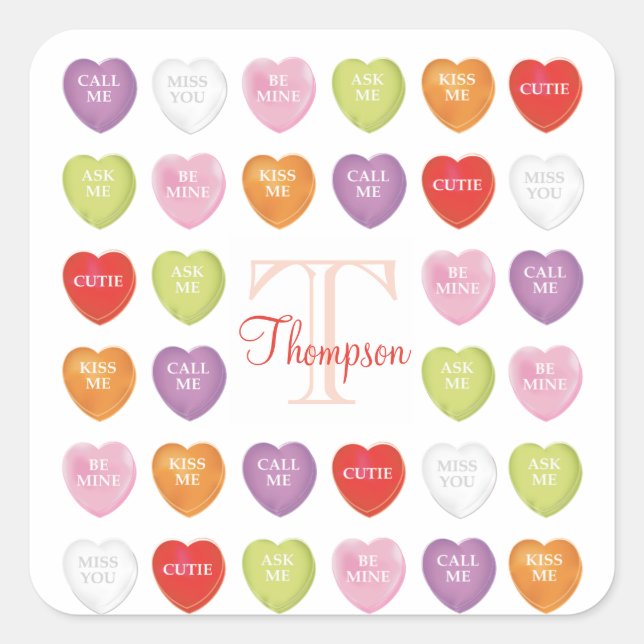 Sticker Carré Saint Valentin Monogramme mignon Coeur bonbon Thro (Devant)