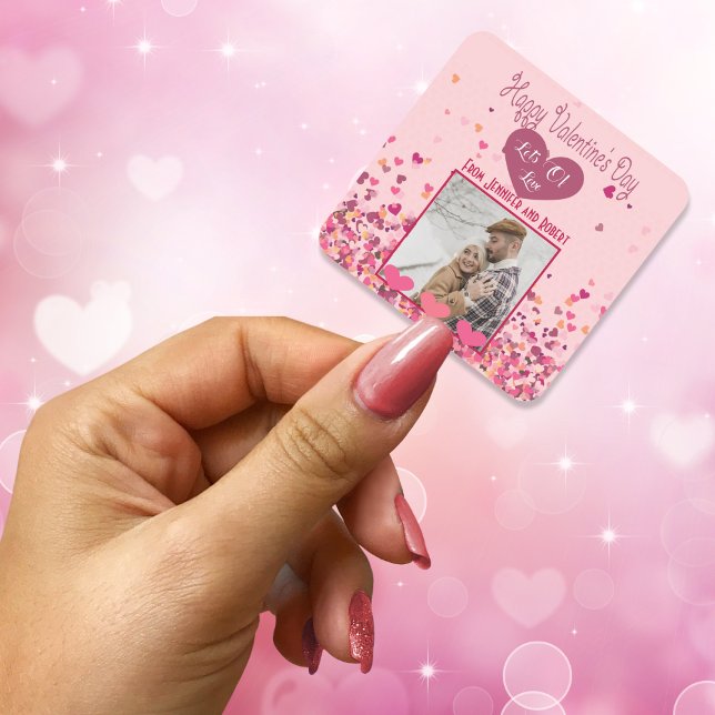 Sticker Carré Saint-Valentin Personnalisé Photo Coeurs roses mig (Valentine Day Personalized Photo Pink Hearts cute Square Sticker)