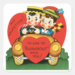 Sticker Carré Saint-Valentin rétro, garçon et fille vintage dans