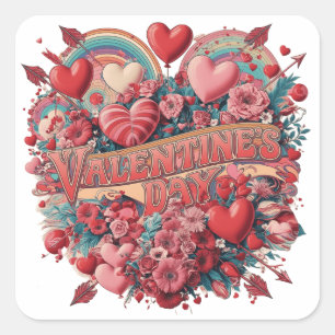 Sticker Carré Saint Valentin, super journée, clipart rétro