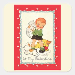Sticker Carré Saint-Valentin victorien antique garçon, chat et c