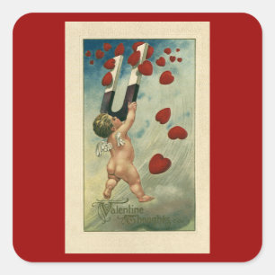 Sticker Carré Saint-Valentin vintage, Cherub avec coeur magnétiq
