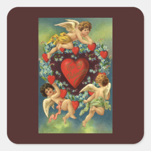Sticker Carré Saint-Valentin vintage, cœurs d'anges victoriens