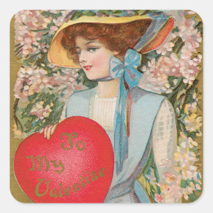 Sticker Carré Saint-Valentin vintage, Dame victorienne avec cœur