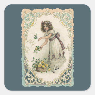 Sticker Carré Saint-Valentin vintage, fille victorienne avec des