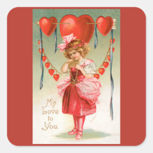 Sticker Carré Saint-Valentin vintage, fille victorienne avec des