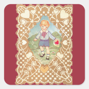 Sticker Carré Saint-Valentin vintage, joli garçon dans la prairi