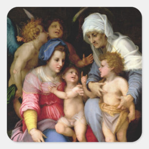 Sticker Carré Sainte Famille avec Anges, c.1515-16 (huile sur pa