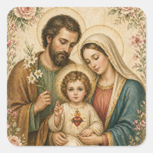 Sticker Carré Sainte Famille Sacré-Cœur Enfant Jésus Floral