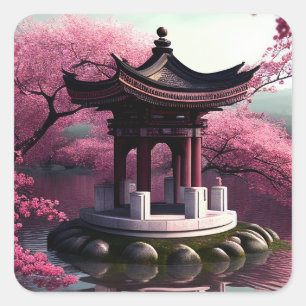 Sticker Carré Sakura Cherry Blossom Garden Shrine Pond Japonais