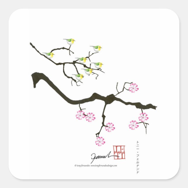 Sticker Carré sakura fleurit d'oiseaux, tony fernandes (Devant)