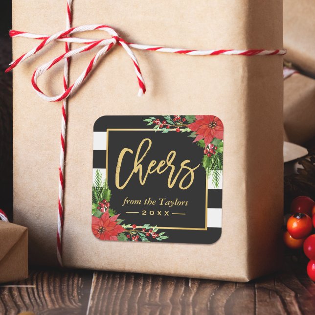 Sticker Carré Salutations à un Jour de l'An Gold Script Poinsett (Créateur téléchargé)