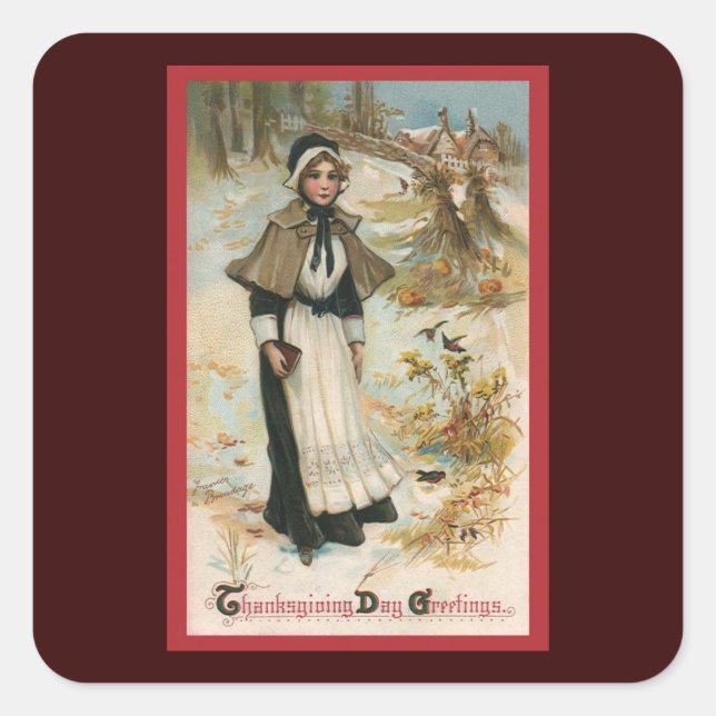 Sticker Carré Salutations de la fête de Thanksgiving avec une fe (Devant)