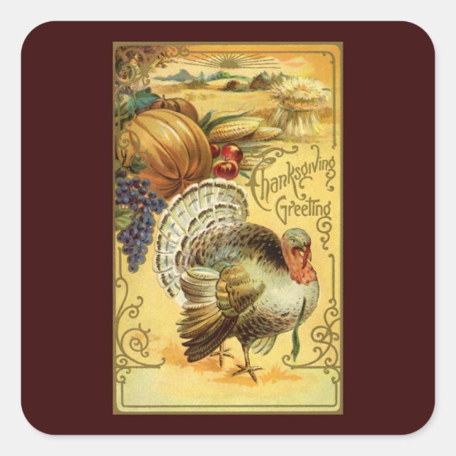 Sticker Carré Salutations vintage de Thanksgiving avec dinde (Devant)
