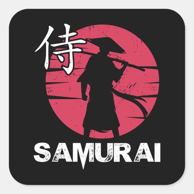 Sticker Carré Samouraï Japonais En Casquette Bushido Lever Solei (Devant)