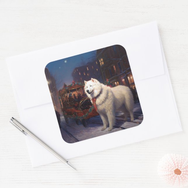 Sticker Carré Samoyed Christmas Festive Saison (Enveloppe)