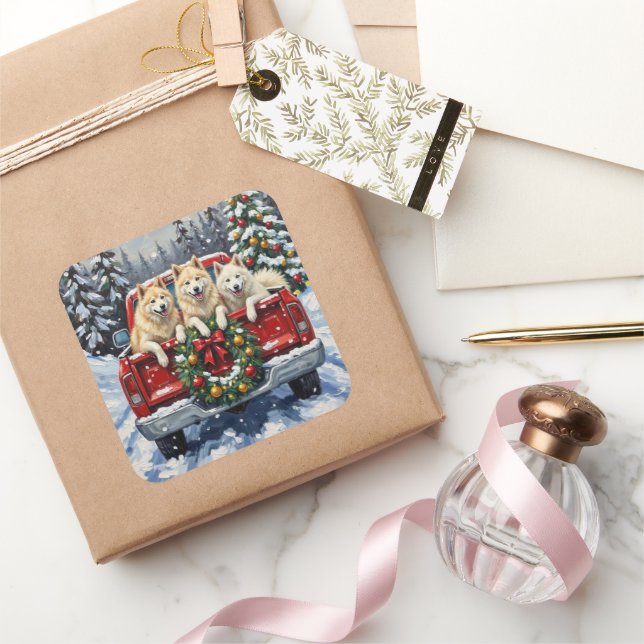 Sticker Carré Samoyed Christmas Red Truck Holiday (Cadeaux)