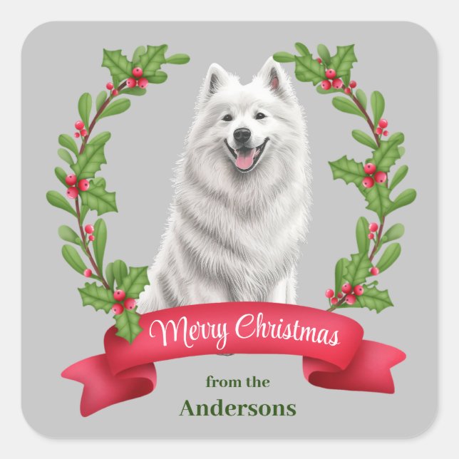 Sticker Carré Samoyed Dog Holly Banner Noël (Devant)