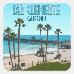 Sticker Carré San Clemente Pier Beach Californie Vintage