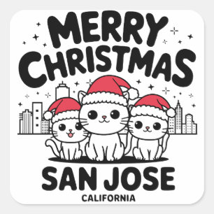 Sticker Carré San Jose City California Joyeux Noël Cats USA
