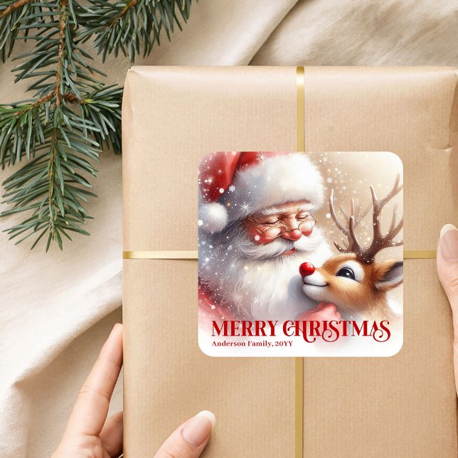 Sticker Carré Santa and Rudolph Personalized Kids Christmas Labe (Santa and Rudolph Personalized Kids Christmas Label)