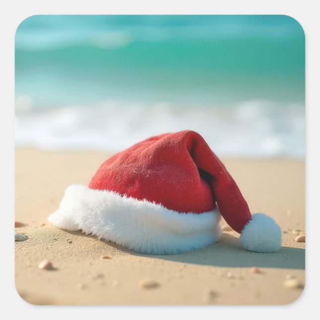 Sticker Carré Santa Claus Casquette sur une plage tropicale (Devant)