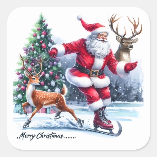 Sticker Carré Santa Claus Enjoys Ice Skating With a Reindeer (Devant)