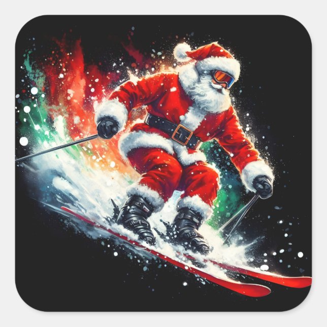 Sticker Carré Santa Claus Enjoys Skiing in a Winter Wonderland (Devant)