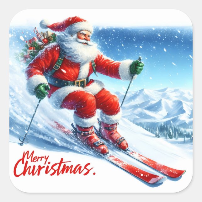 Sticker Carré Santa Claus Enjoys Skiing on Snowy Mountains (Devant)