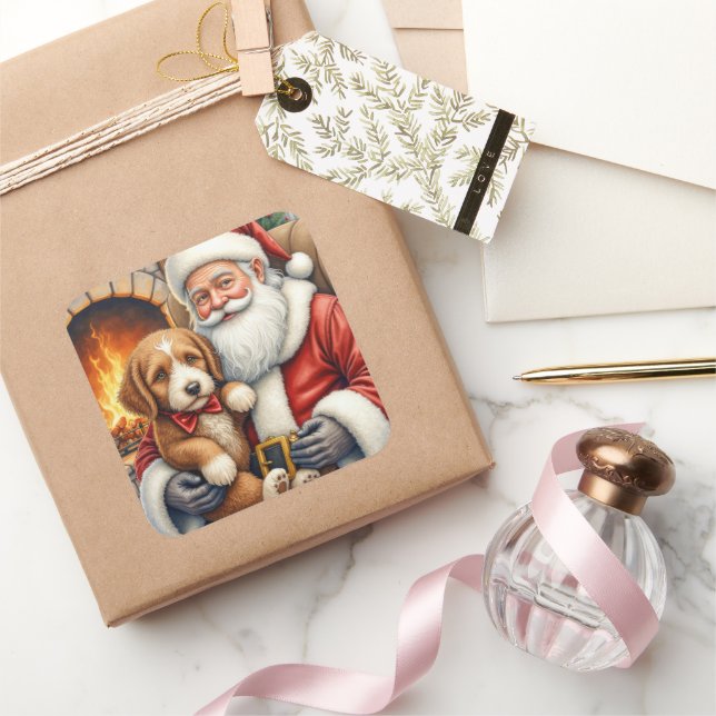 Sticker Carré Santa Claus Holding Bernedoodle Christmas Art (Cadeaux)
