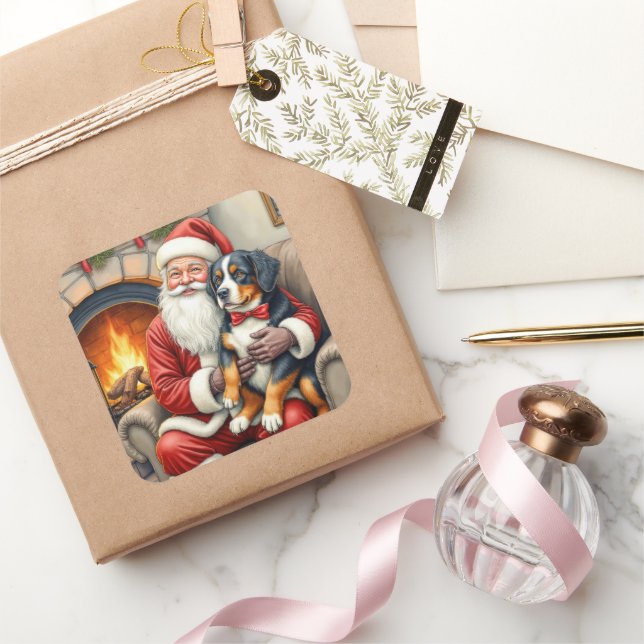 Sticker Carré Santa Claus Holding Bernese Mountain Dog Christmas (Cadeaux)