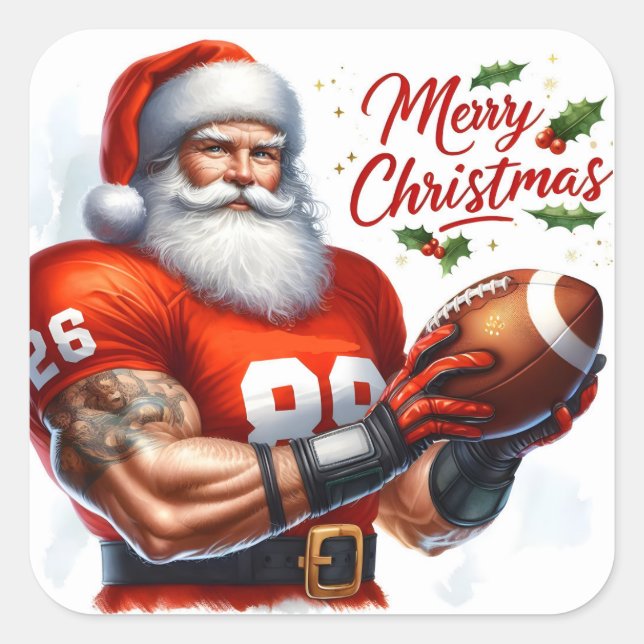 Sticker Carré Santa Claus in a Sports Jersey Holding a Football (Devant)