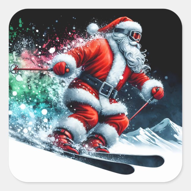 Sticker Carré Santa Claus Joyfully Skiing on Snowy Mountains (Devant)