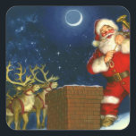 Sticker Carré Santa Claus on the roof<br><div class="desc">santa clclaus christmas senior,  painting funny illustrtoon,  red xmas beard happy ,  snow old merry home,  house night man,  sky chimney present,  winter holiday roof ,  christmas santa claus senior</div>