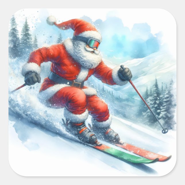 Sticker Carré Santa Claus Ski Down Snowy Mountains en hiver (Devant)