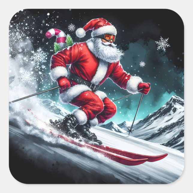Sticker Carré Santa Claus Skiing Down Snowy Mountains in Winter (Devant)
