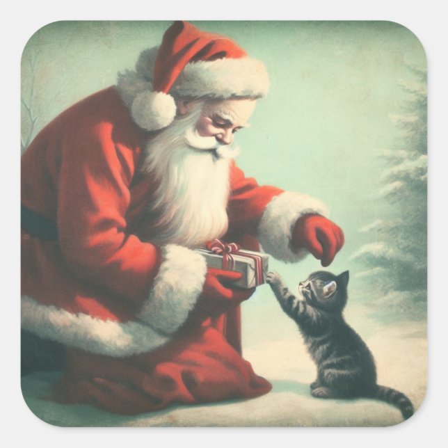 Sticker Carré Santa Claus Vintage avec Kitten (Devant)