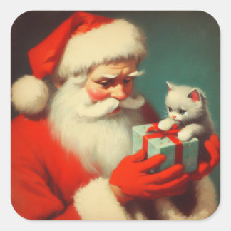 Sticker Carré Santa Claus vintage avec Kitten Retro Cute