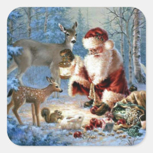 Sticker Carré Santa Claus vintage nourrir les animaux