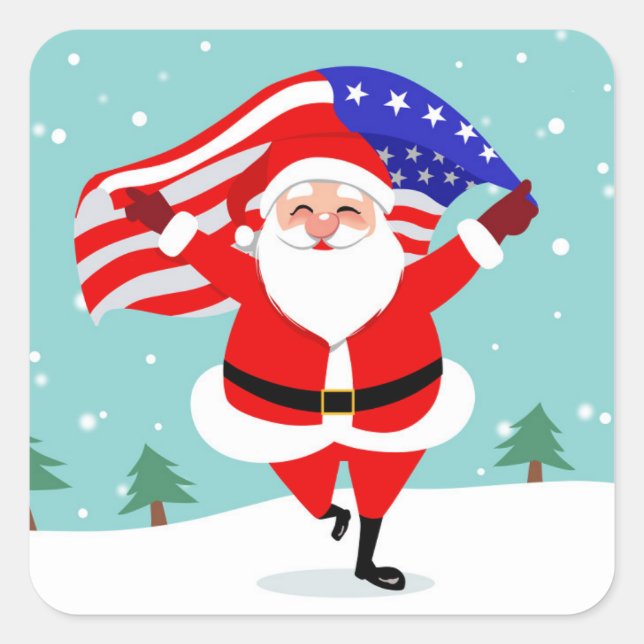 Sticker Carré Santa running with american flag (Devant)