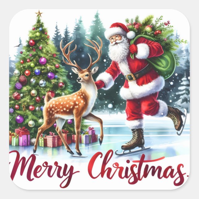 Sticker Carré Santa Skating With Reindeer by Trees (Devant)