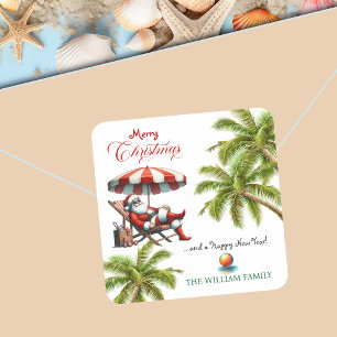 Sticker Carré Santa sous un parasol de plage Noël