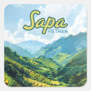 Sticker Carré Sapa Vietnam Asie Rice Terrasses Vintage voyage