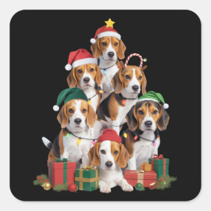 Sticker Carré Sapin de Noël Beagle avec chapeau de Père Noël pou